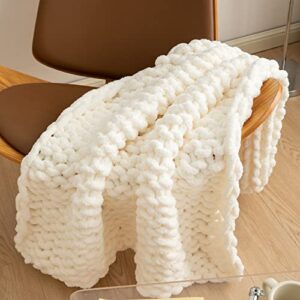 WESHIONGOO Chunky Knit Blanket Throw Cable Knit Throw Blanket for Couch Bed Throw Blanket with Jumbo Chenille Yarn Thick 100% Handmade (Cream White, 40"×40")