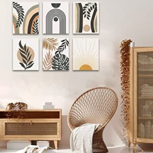 Boho Wall Art , Minimalist Wall Art , Boho Room Decor, Mid Century Modern Framed Canvas Wall Art, Abstract Boho Wall Decor, Bohemian Moon Phases Wall Painting For Living Room Bedroom Kitchen Office Home Decor Set of 6, 8x10in (Framed)