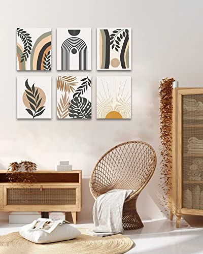 Boho Wall Art , Minimalist Wall Art , Boho Room Decor, Mid Century Modern Framed Canvas Wall Art, Abstract Boho Wall Decor, Bohemian Moon Phases Wall Painting For Living Room Bedroom Kitchen Office Home Decor Set of 6, 8x10in (Framed)