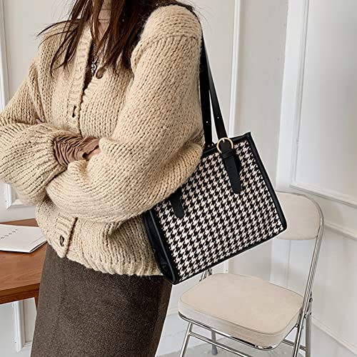 Fashion Woolen Cloth Houndstooth Print Shoulder Bag Women Casual Underarm Bags Female Small Tote Handbags, Black