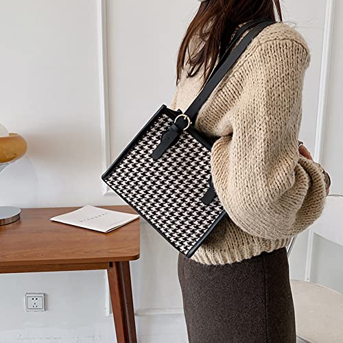 Fashion Woolen Cloth Houndstooth Print Shoulder Bag Women Casual Underarm Bags Female Small Tote Handbags, Black