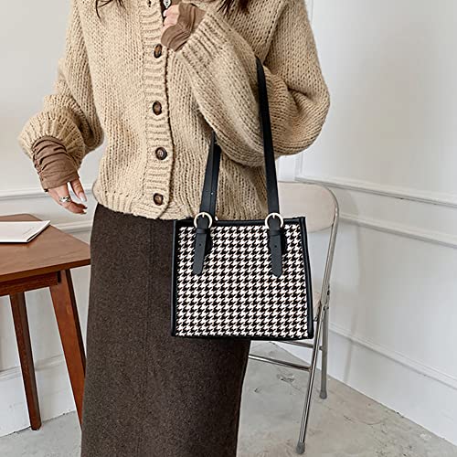 Fashion Woolen Cloth Houndstooth Print Shoulder Bag Women Casual Underarm Bags Female Small Tote Handbags, Black