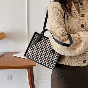 Fashion Woolen Cloth Houndstooth Print Shoulder Bag Women Casual Underarm Bags Female Small Tote Handbags, Black