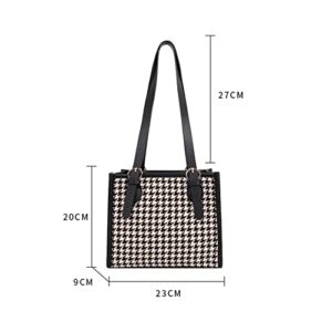 Fashion Woolen Cloth Houndstooth Print Shoulder Bag Women Casual Underarm Bags Female Small Tote Handbags, Black