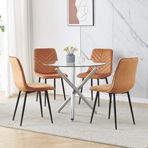 belifeglory 5 pieces round clear glass dining table and velvet chairs set for 4 people small space, modern kitchen dinette table with chairs set of 4