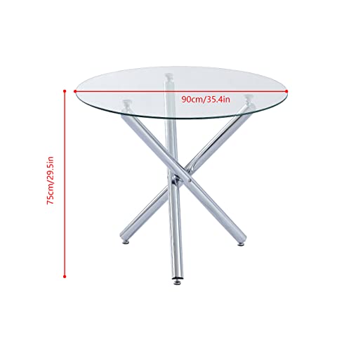 BELIFEGLORY 5 Pieces Round Clear Glass Dining Table and Velvet Chairs Set for 4 People Small Space, Modern Kitchen Dinette Table with Chairs Set of 4