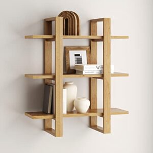 nathan james floating wall book shelves, 3-tier display shelf, decorative modular shelf in solid wood for bedroom, nursery, bathroom or kitchen