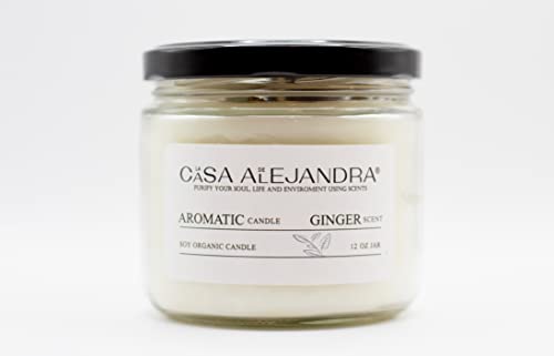 Ginger Aromatherapy Candle with Blue Quartz, White and Amazonite + Healing Crystal+ Soy Wax + Scented Oil + Botanical Decoration + Quartz 12 oz. La CASA de ALEJANDRA