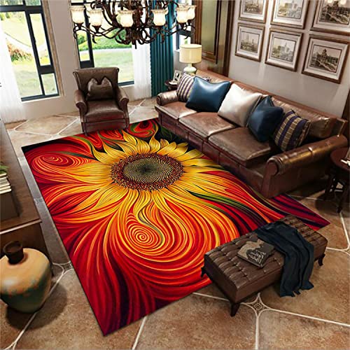 HONGXIU Sunflower Area Rug,3x5ft,Yellow Sunflower Rug, 3D High-Definition Printing Stereoscopic Rug, Suitable for Living Room Bedroom Kitchen Modern Home Decoration Non-Slip Washable