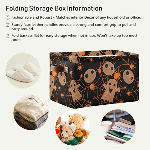 Kigai Halloween Spooky Spider Web Storage Baskets Rectangle Foldable Canvas Fabric Organizer Storage Boxes with Handles for Home Office Decorative Closet Shelves Clothes Storage