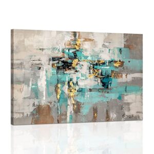 teal grey canvas wall art: blue gray abstract picture for living room, framed turquoise gold painting bedroom office home decoration
