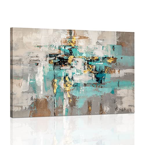 Teal Grey Canvas Wall Art: Blue Gray Abstract Picture for Living Room, Framed Turquoise Gold Painting Bedroom Office Home Decoration