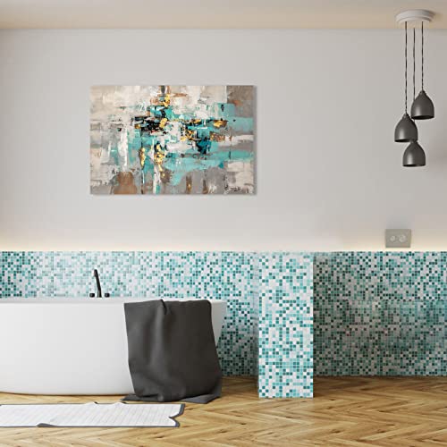 Teal Grey Canvas Wall Art: Blue Gray Abstract Picture for Living Room, Framed Turquoise Gold Painting Bedroom Office Home Decoration