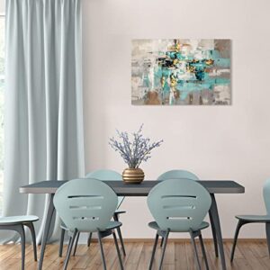 Teal Grey Canvas Wall Art: Blue Gray Abstract Picture for Living Room, Framed Turquoise Gold Painting Bedroom Office Home Decoration