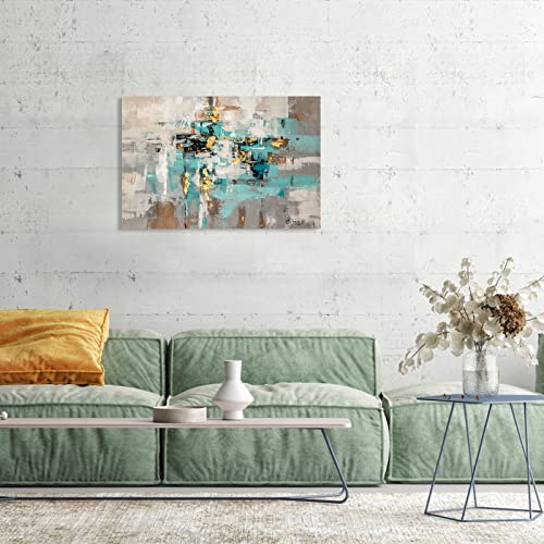 Teal Grey Canvas Wall Art: Blue Gray Abstract Picture for Living Room, Framed Turquoise Gold Painting Bedroom Office Home Decoration