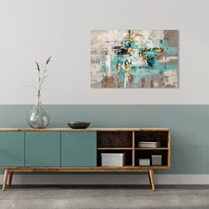 Teal Grey Canvas Wall Art: Blue Gray Abstract Picture for Living Room, Framed Turquoise Gold Painting Bedroom Office Home Decoration