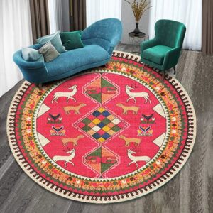 erwinmu red boho persian round  area rug-4 ft diameter non-slip distressed round rug entryway rug vintage accent throw oriental low pile rug for bedroom bathroom living room rug
