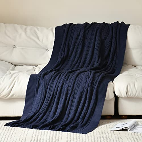 SCISCI Throw Blanket Lightweight Cable Knit for Sofa Bed，Super Soft Warm Blanket for Couch Cozy Sweater Style Blanket,Blanket 60 x 80 Inch,Machine Washable Throw Blankets，Navy Blue