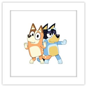 trends international gallery pops bluey – bandit and chilli graphic wall art, white framed version, 12” x 12”