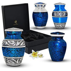 blue keepsake urns for human ashes – small urns set of 4 with box & bags – blue urns for adults male & female – handcrafted mini cremation urns for ashes – honour your loved one with memorial urn set