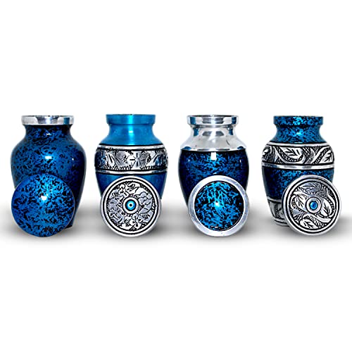 Blue Keepsake Urns for Human Ashes - Small Urns Set of 4 with Box & Bags - Blue Urns for Adults Male & Female - Handcrafted Mini Cremation Urns for Ashes - Honour Your Loved One with Memorial Urn Set