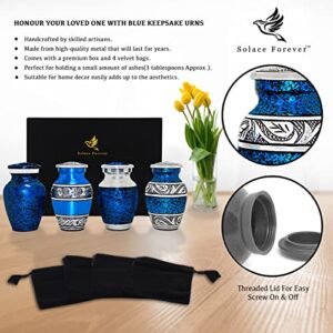 Blue Keepsake Urns for Human Ashes - Small Urns Set of 4 with Box & Bags - Blue Urns for Adults Male & Female - Handcrafted Mini Cremation Urns for Ashes - Honour Your Loved One with Memorial Urn Set