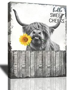 bathroom wall art highland cow farmhouse bathroom decor sunflower funny bathroom poster rustic canvas print painting black and white animal pictures for toilet modern home framed artwork 12″x16″