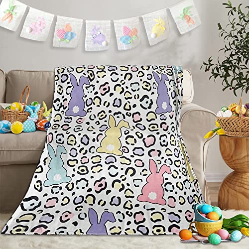 JUNJIELI Easter Blanket Spring Rabbit Easter Throw Blankets Colorful Eggs Flowers Flannel Bunny Ear Cozy&Soft Plush Fuzzy Snuggle Bed Sofa Camping Travel 50"x60"