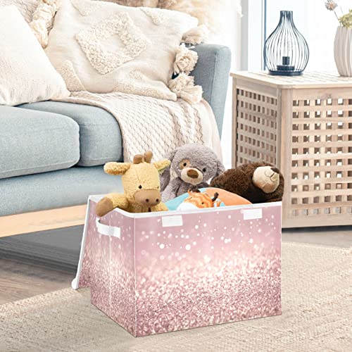 KEEPREAL Rose Gold Glitter Texture Storage Basket Bin with lid, Large Cube Storage Box Collapsible Storage Organizer for Home Office Closet - 16.5 L x 12.6 W x 11.8 H