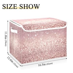 KEEPREAL Rose Gold Glitter Texture Storage Basket Bin with lid, Large Cube Storage Box Collapsible Storage Organizer for Home Office Closet - 16.5 L x 12.6 W x 11.8 H