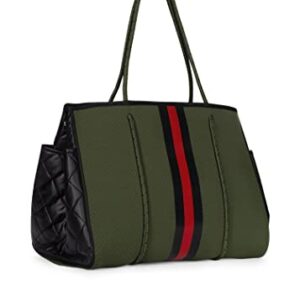 Haute Shore - Greyson Avenue Neoprene Tote Bag w/Zipper Wristlet Inside, Army W/Black & Red Stripe