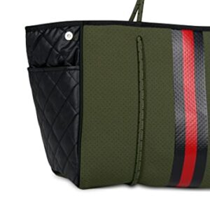 Haute Shore - Greyson Avenue Neoprene Tote Bag w/Zipper Wristlet Inside, Army W/Black & Red Stripe