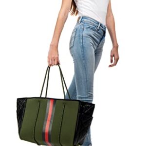 Haute Shore - Greyson Avenue Neoprene Tote Bag w/Zipper Wristlet Inside, Army W/Black & Red Stripe