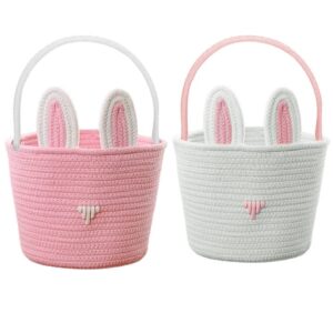2pcs rabbit easter baskets for kids,hand woven cotton rope bunny basket with handle for easter stuffer & egg hunt, decorations, candy gifts storage (pink & white)