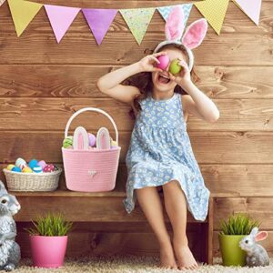 2Pcs Rabbit Easter Baskets for Kids,Hand Woven Cotton Rope Bunny Basket with Handle for Easter Stuffer & Egg Hunt, Decorations, Candy Gifts Storage (Pink & White)