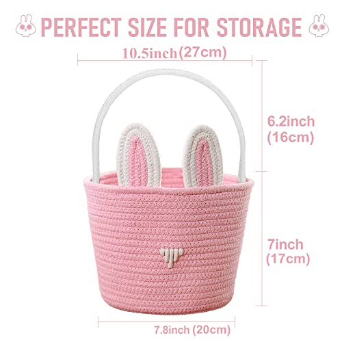 2Pcs Rabbit Easter Baskets for Kids,Hand Woven Cotton Rope Bunny Basket with Handle for Easter Stuffer & Egg Hunt, Decorations, Candy Gifts Storage (Pink & White)