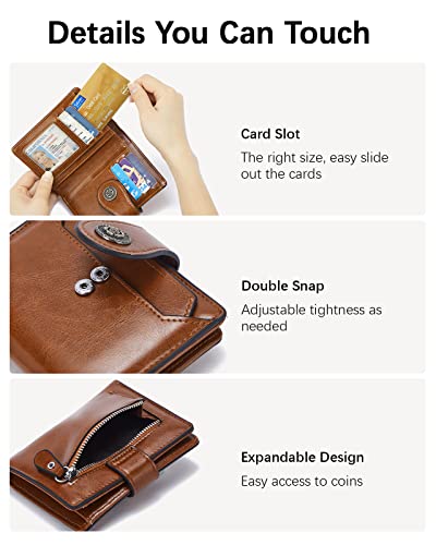 BOSTANTEN Women Leather Wallet Small RFID Blocking Bifold Zipper Pocket Wallet Card Case with ID Window Brown