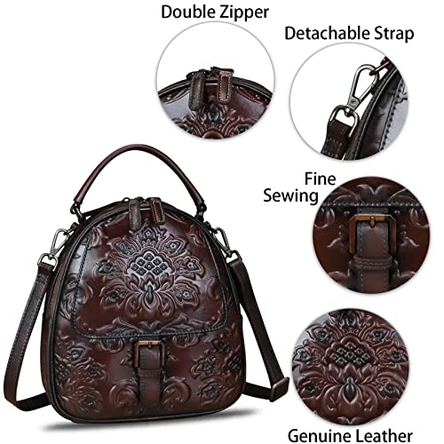 Genuine Leather Satchel for Women Embossed Leather Top Handle Handmade Purse Vintage Handbags Convertible Backpack (Coffee)