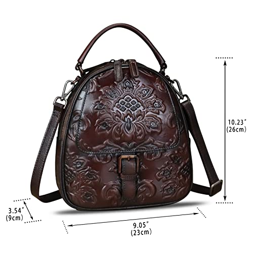 Genuine Leather Satchel for Women Embossed Leather Top Handle Handmade Purse Vintage Handbags Convertible Backpack (Coffee)