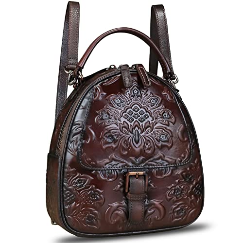 Genuine Leather Satchel for Women Embossed Leather Top Handle Handmade Purse Vintage Handbags Convertible Backpack (Coffee)