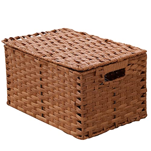 Zerodeko Rattan Storage Basket with Lid Woven Shelf Baskets Imitation Handwoven Wicker Basket Sundries Organizer Boxes Home Decor for Makeup Clothes Home Items