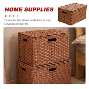 Zerodeko Rattan Storage Basket with Lid Woven Shelf Baskets Imitation Handwoven Wicker Basket Sundries Organizer Boxes Home Decor for Makeup Clothes Home Items