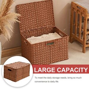 Zerodeko Rattan Storage Basket with Lid Woven Shelf Baskets Imitation Handwoven Wicker Basket Sundries Organizer Boxes Home Decor for Makeup Clothes Home Items