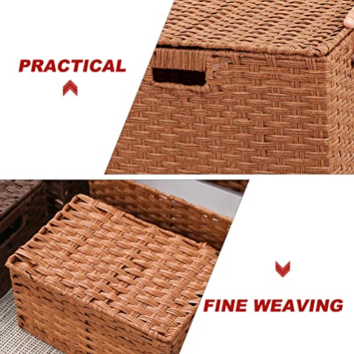 Zerodeko Rattan Storage Basket with Lid Woven Shelf Baskets Imitation Handwoven Wicker Basket Sundries Organizer Boxes Home Decor for Makeup Clothes Home Items