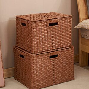 Zerodeko Rattan Storage Basket with Lid Woven Shelf Baskets Imitation Handwoven Wicker Basket Sundries Organizer Boxes Home Decor for Makeup Clothes Home Items