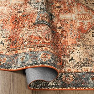 Wonnitar Machine Washable Large Area Rug - 5x7 Persian Ultra-Thin Living Room Throw Rug,Distressed Non-Slip Vintage Dining Room Mat,Oriental Printed Indoor Carpet for Bedroom Basement Dorm,Orange