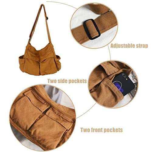 Unisex Canvas Crossbody Bag Hobo Messenger Bags Casual Bag Grunge Bag Shopping Shoulder Bag Large Tote Handbag Multi-pocket