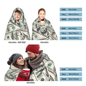 Money Throw Blanket, 100 Dollar Bill Fleece Blankets 50x40 Inch Lightweight Super Soft Cozy Warm Bed Blanket for Kids Adults All Season Use