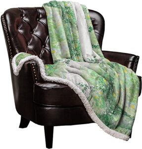green yellow sherpa fleece soft double-layered fluffy blanket, watercolor teal ombre leaves botanical warm throw blankets for living room, bedroom, 59″ w x 79″ l