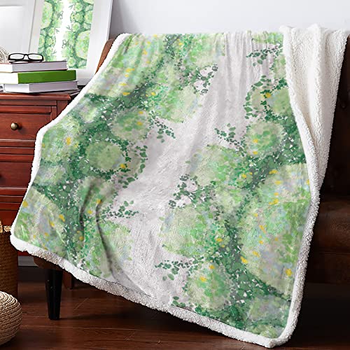 Green Yellow Sherpa Fleece Soft Double-Layered Fluffy Blanket, Watercolor Teal Ombre Leaves Botanical Warm Throw Blankets for Living Room, Bedroom, 59" W x 79" L